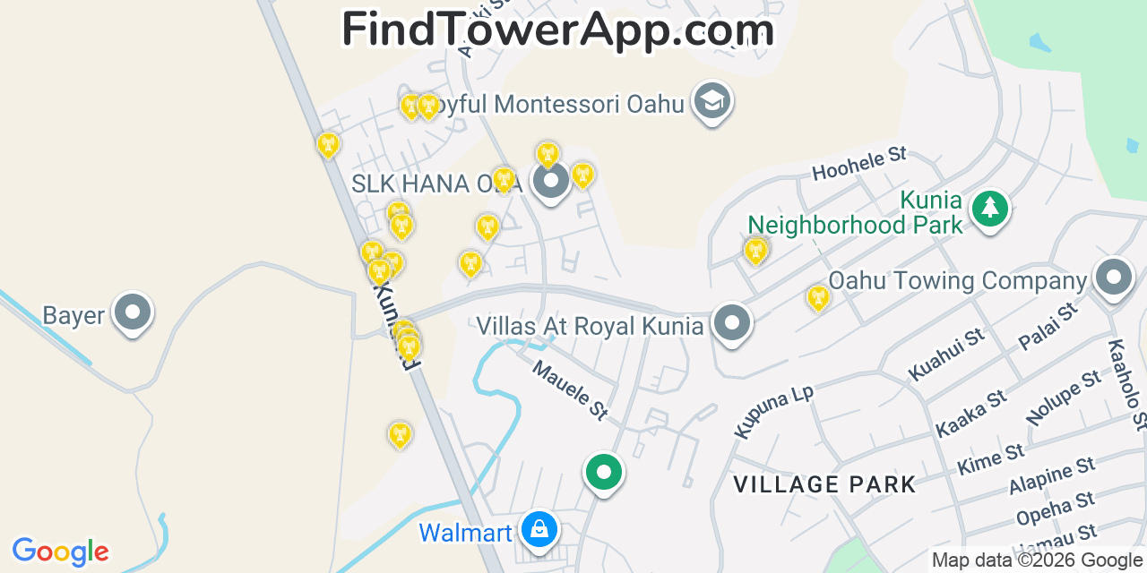 Map showing the 20 primary cell tower locations detected in Royal Kunia, Hawaii from AT&T, Verizon, and T-Mobile networks