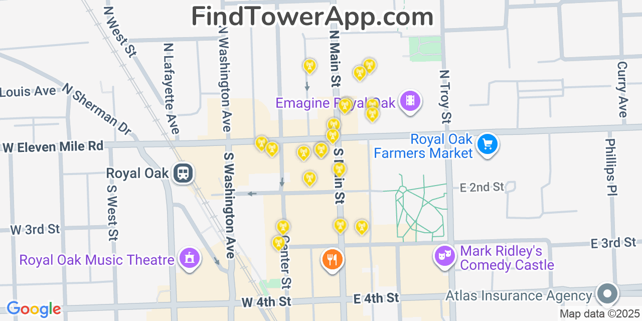 Map showing the 20 primary cell tower locations detected in Royal Oak, Michigan from AT&T, Verizon, and T-Mobile networks