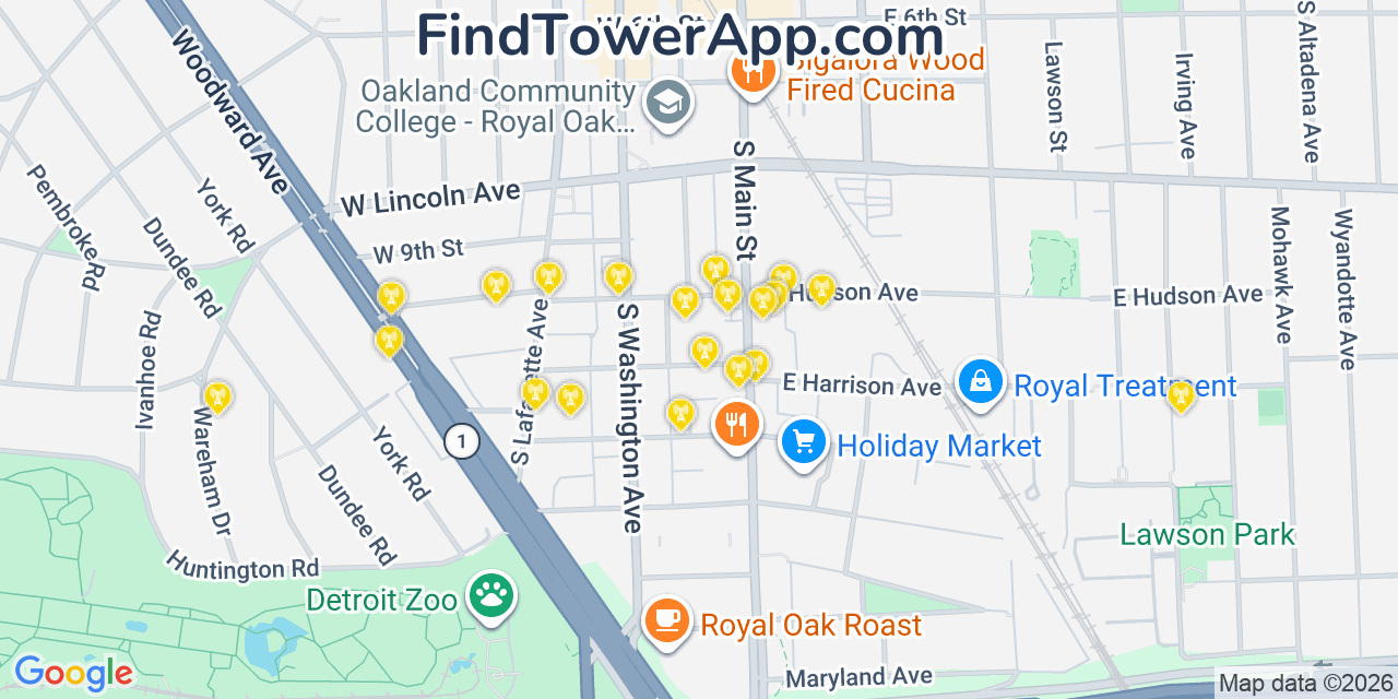 Map showing the 20 primary cell tower locations detected in Royal Oak, Michigan from AT&T, Verizon, and T-Mobile networks