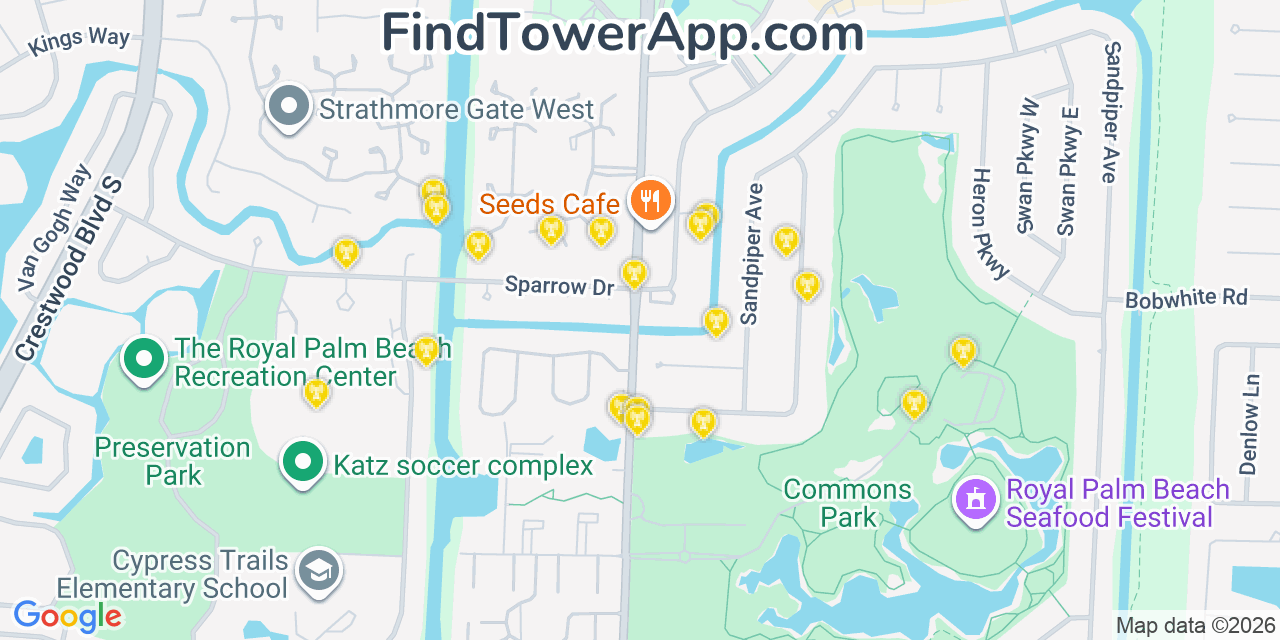 Map showing the 20 primary cell tower locations detected in Royal Palm Beach, Florida from AT&T, Verizon, and T-Mobile networks