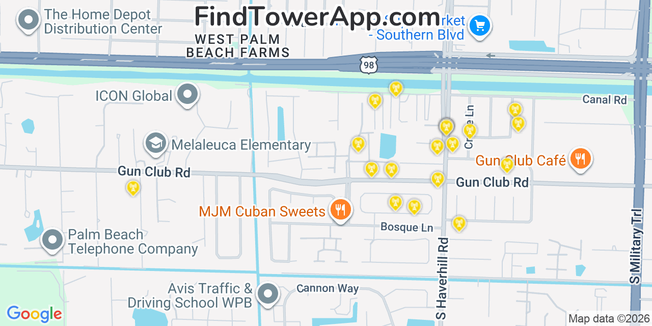 Map showing the 20 primary cell tower locations detected in Royal Palm Estates, Florida from AT&T, Verizon, and T-Mobile networks