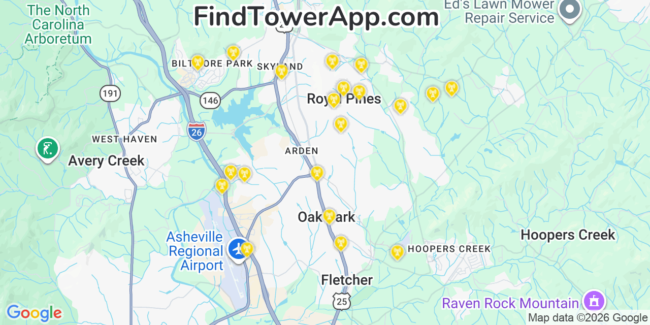 Map showing the 20 primary cell tower locations detected in Royal Pines, North Carolina from AT&T, Verizon, and T-Mobile networks