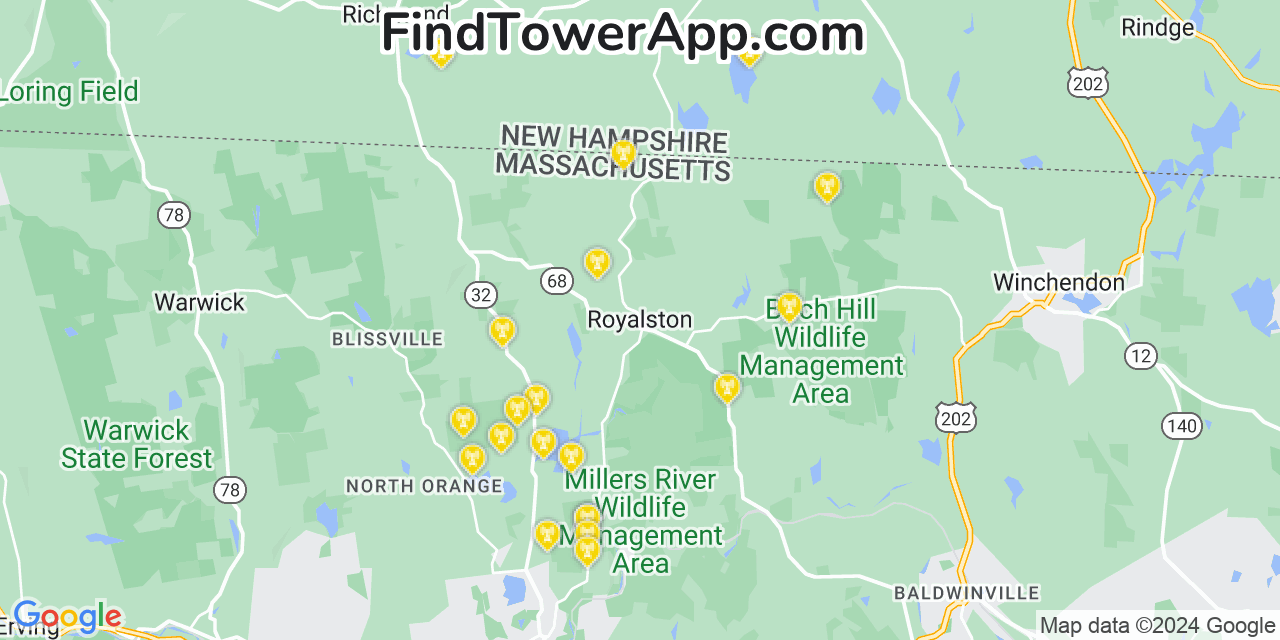 AT&T 4G/5G cell tower coverage map Royalston, Massachusetts