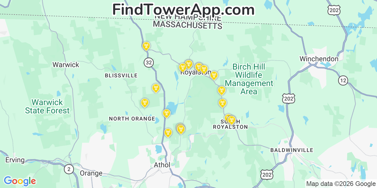 Map showing the 20 primary cell tower locations detected in Royalston, Massachusetts from AT&T, Verizon, and T-Mobile networks