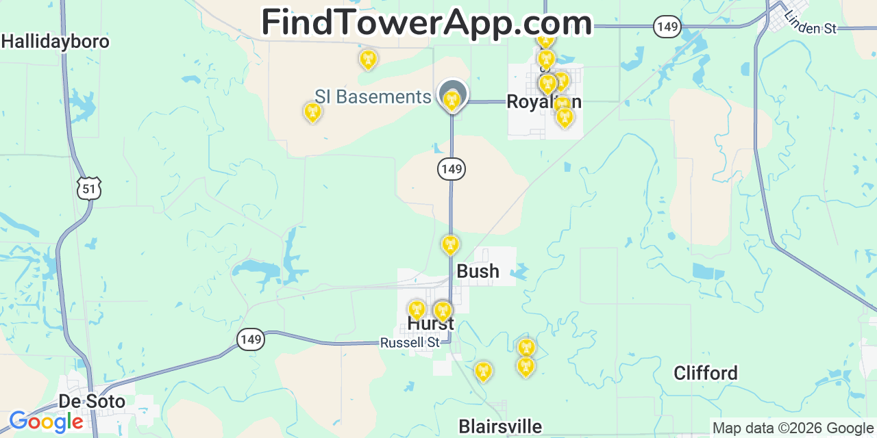Map showing the 20 primary cell tower locations detected in Royalton, Illinois from AT&T, Verizon, and T-Mobile networks