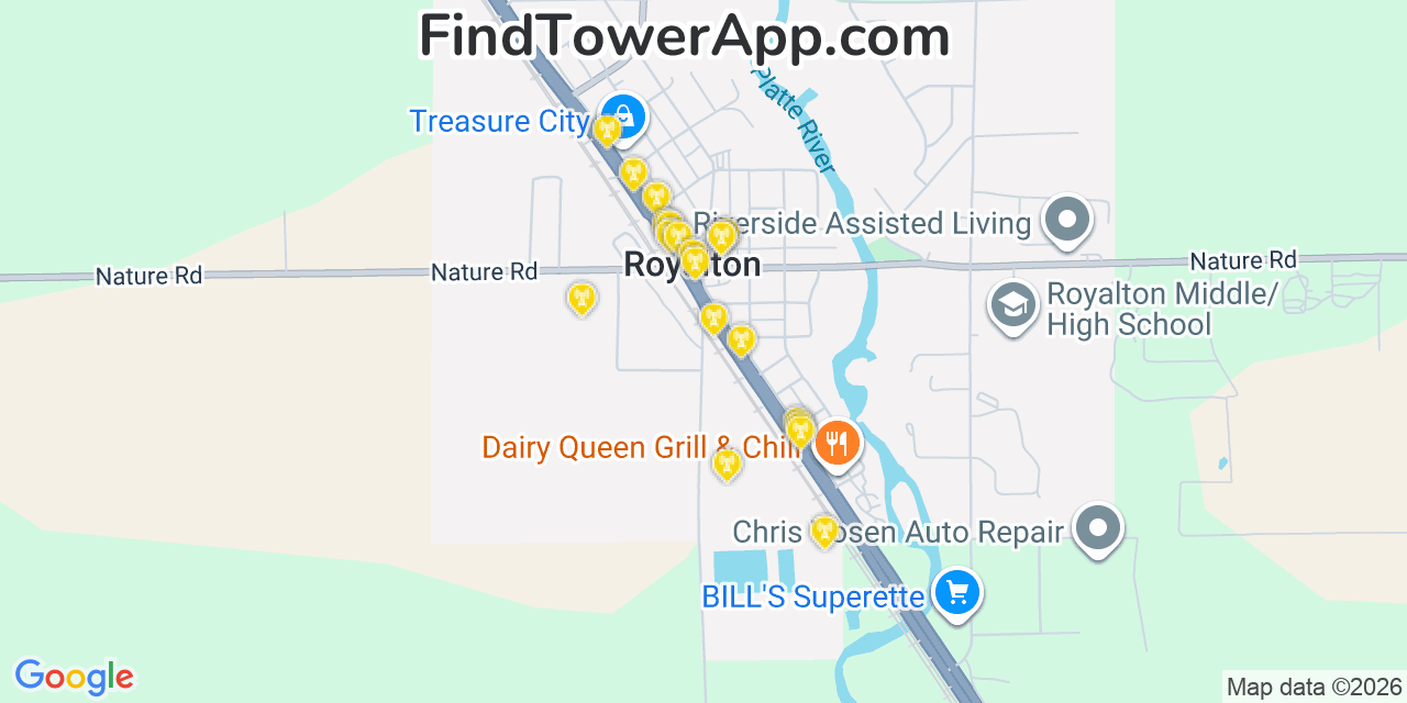 Map showing the 20 primary cell tower locations detected in Royalton, Minnesota from AT&T, Verizon, and T-Mobile networks