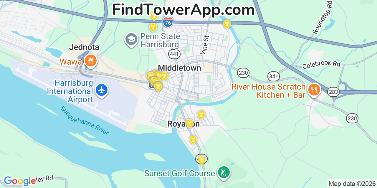 Map showing the 20 primary cell tower locations detected in Royalton, Pennsylvania from AT&T, Verizon, and T-Mobile networks