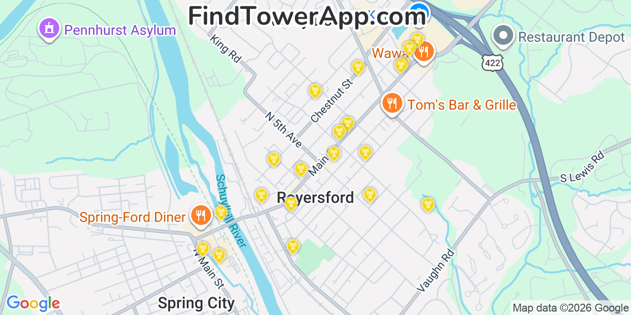 Map showing the 20 primary cell tower locations detected in Royersford, Pennsylvania from AT&T, Verizon, and T-Mobile networks