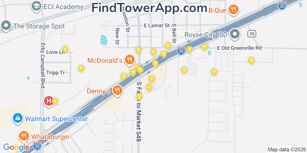 Map showing the 20 primary cell tower locations detected in Royse City, Texas from AT&T, Verizon, and T-Mobile networks