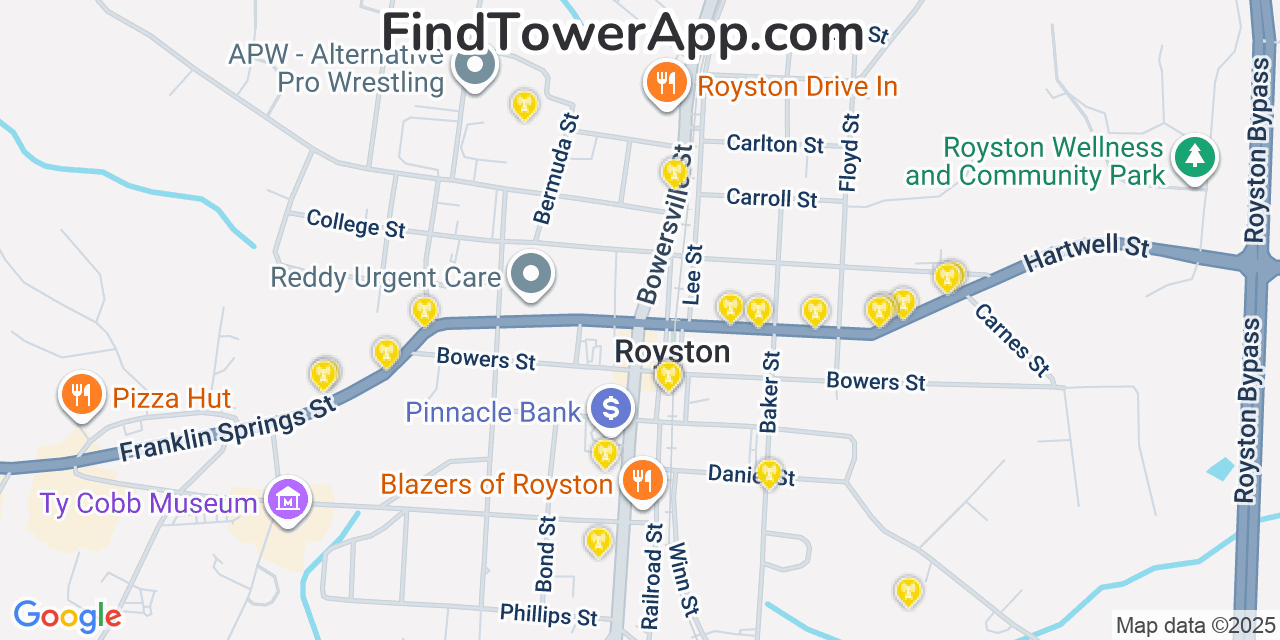 Map showing the 20 primary cell tower locations detected in Royston, Georgia from AT&T, Verizon, and T-Mobile networks