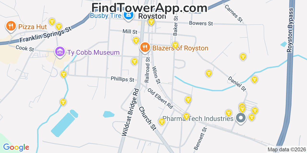 Map showing the 20 primary cell tower locations detected in Royston, Georgia from AT&T, Verizon, and T-Mobile networks