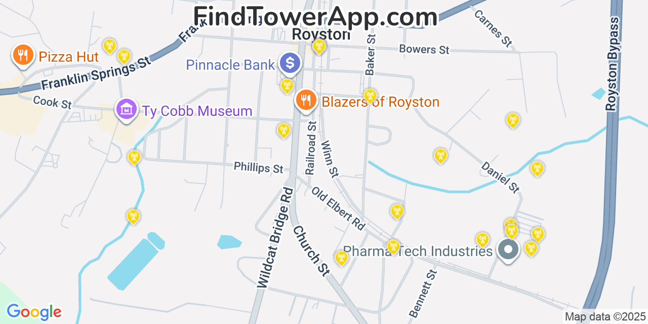 Map showing the 20 primary Mobitel cell tower locations detected in Royston, Georgia with coverage radius and signal strength indicators