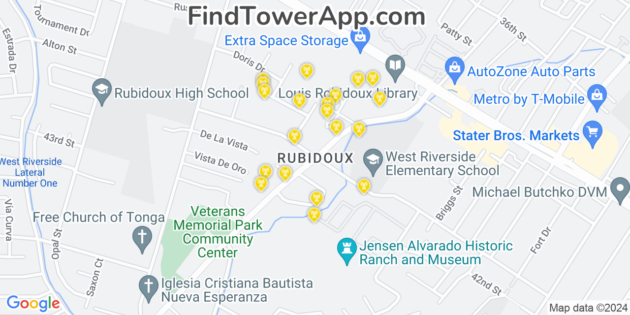 AT&T 4G/5G cell tower coverage map Rubidoux, California