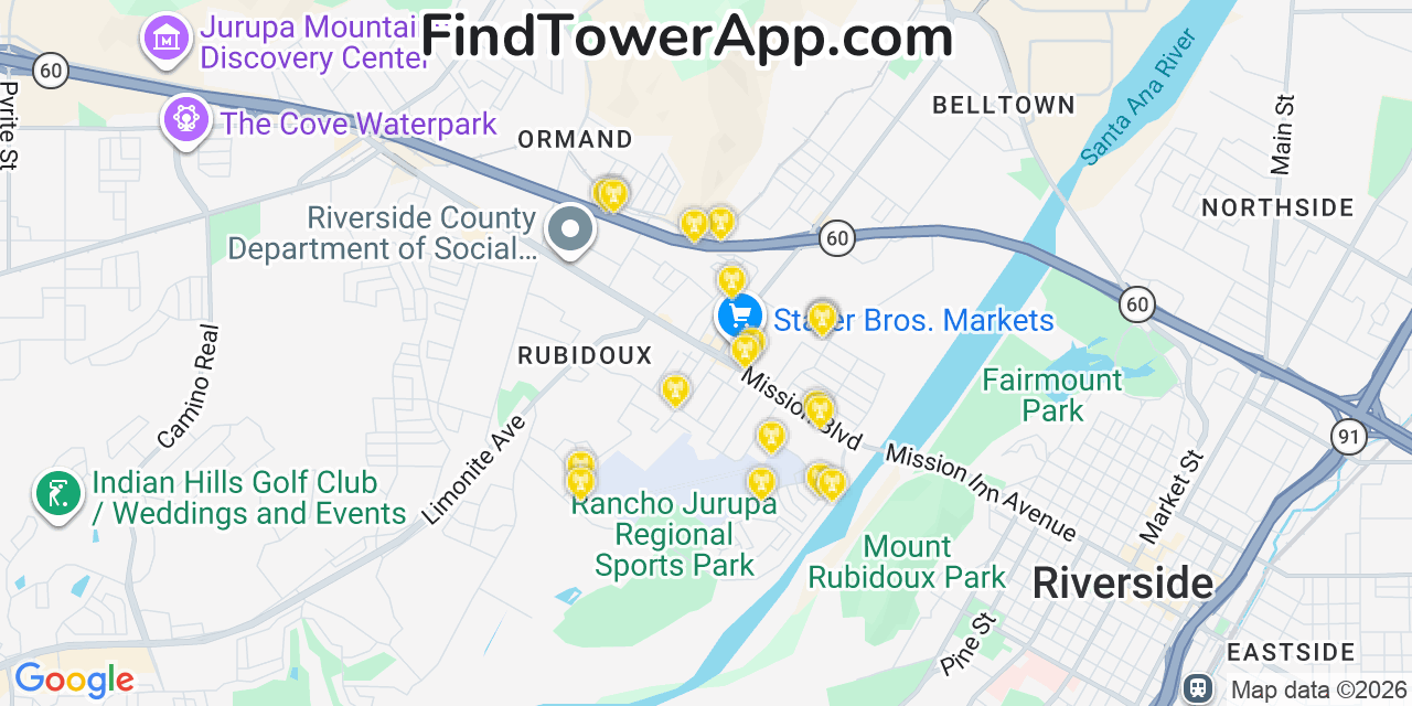 Map showing the 20 primary cell tower locations detected in Rubidoux, California from AT&T, Verizon, and T-Mobile networks