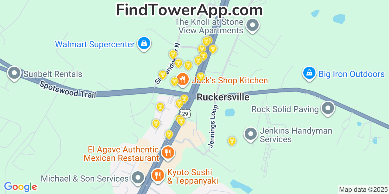 Map showing the 20 primary cell tower locations detected in Ruckersville, Virginia from AT&T, Verizon, and T-Mobile networks