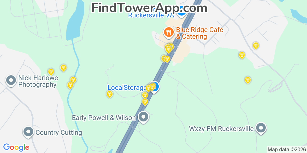 Map showing the 20 primary cell tower locations detected in Ruckersville, Virginia from AT&T, Verizon, and T-Mobile networks
