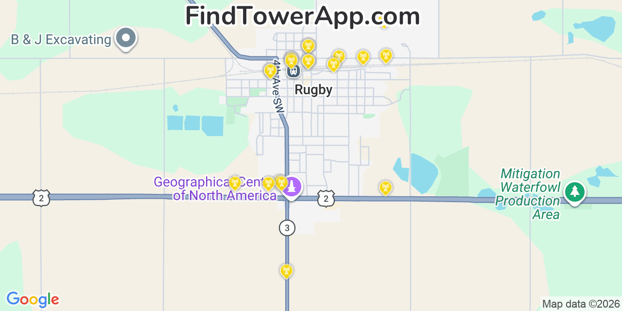 Map showing the 20 primary cell tower locations detected in Rugby, North Dakota from AT&T, Verizon, and T-Mobile networks