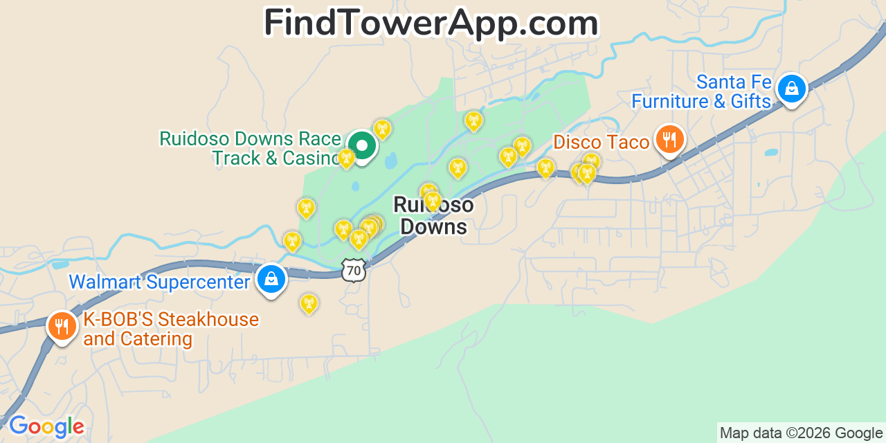 Map showing the 20 primary cell tower locations detected in Ruidoso Downs, New Mexico from AT&T, Verizon, and T-Mobile networks