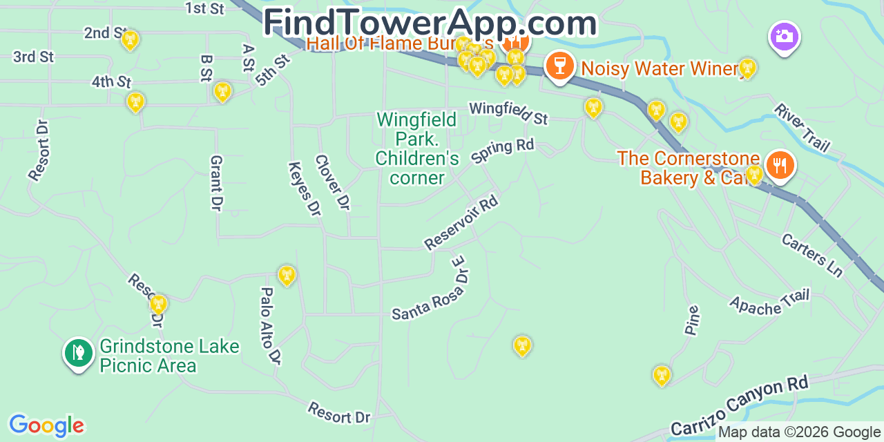 Map showing the 20 primary cell tower locations detected in Ruidoso, New Mexico from AT&T, Verizon, and T-Mobile networks