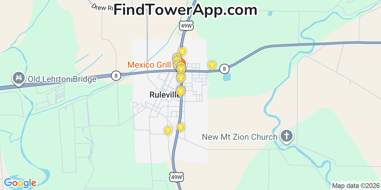 Map showing the 20 primary cell tower locations detected in Ruleville, Mississippi from AT&T, Verizon, and T-Mobile networks