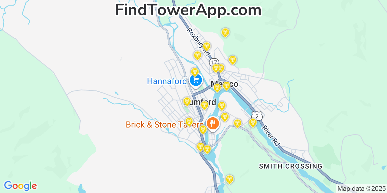 Map showing the 20 primary cell tower locations detected in Rumford, Maine from AT&T, Verizon, and T-Mobile networks