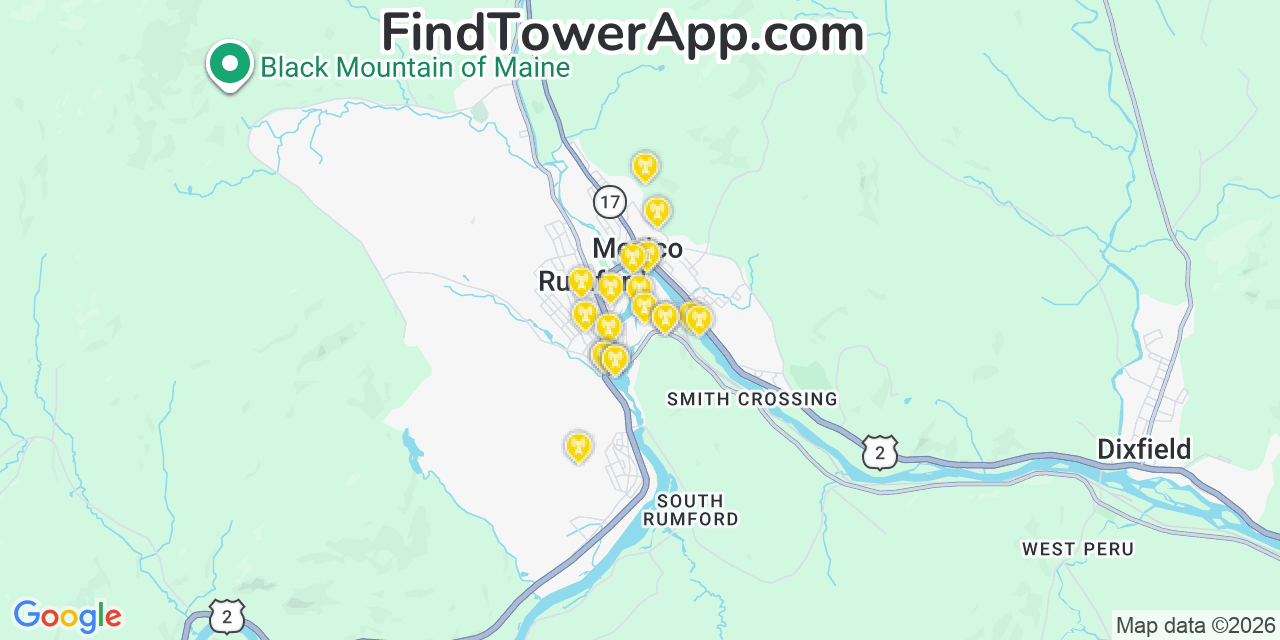 Map showing the 20 primary cell tower locations detected in Rumford, Maine from AT&T, Verizon, and T-Mobile networks