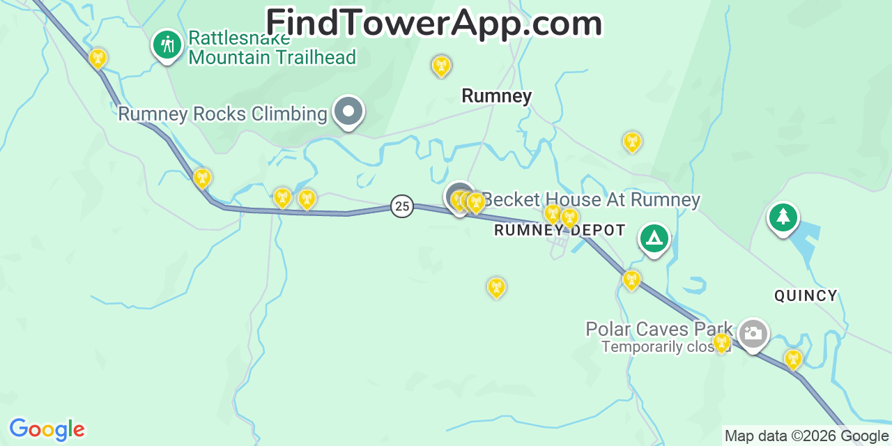 Map showing the 20 primary cell tower locations detected in Rumney, New Hampshire from AT&T, Verizon, and T-Mobile networks