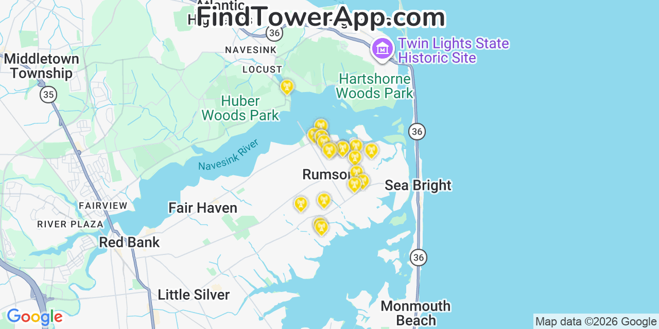 Map showing the 20 primary cell tower locations detected in Rumson, New Jersey from AT&T, Verizon, and T-Mobile networks