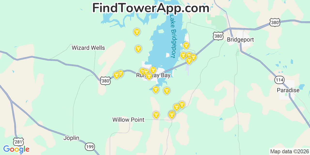 Map showing the 20 primary cell tower locations detected in Runaway Bay, Texas from AT&T, Verizon, and T-Mobile networks