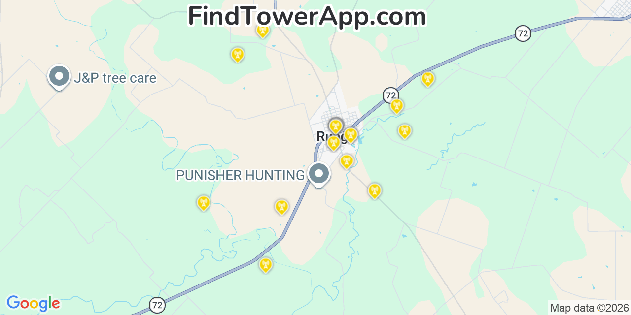 Map showing the 20 primary cell tower locations detected in Runge, Texas from AT&T, Verizon, and T-Mobile networks