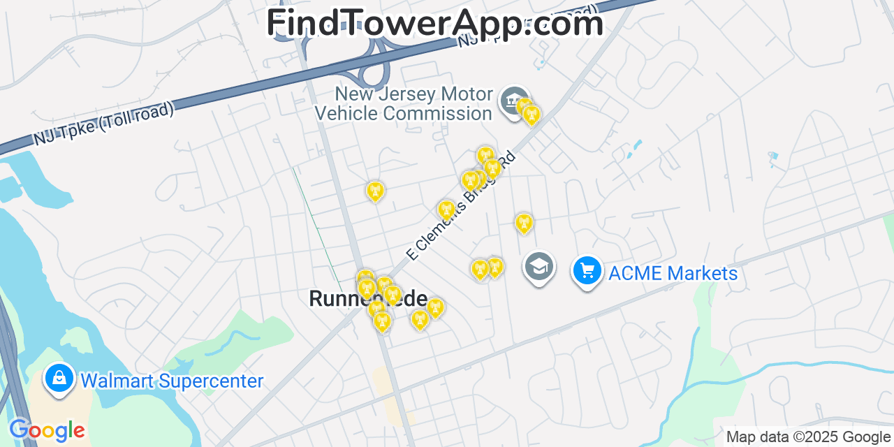 Map showing the 20 primary cell tower locations detected in Runnemede, New Jersey from AT&T, Verizon, and T-Mobile networks