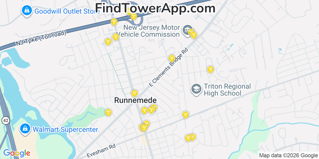 Map showing the 20 primary cell tower locations detected in Runnemede, New Jersey from AT&T, Verizon, and T-Mobile networks