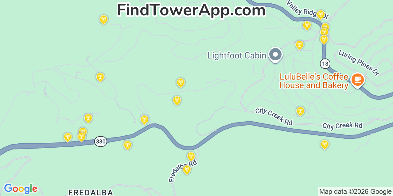 Map showing the 20 primary cell tower locations detected in Running Springs, California from AT&T, Verizon, and T-Mobile networks