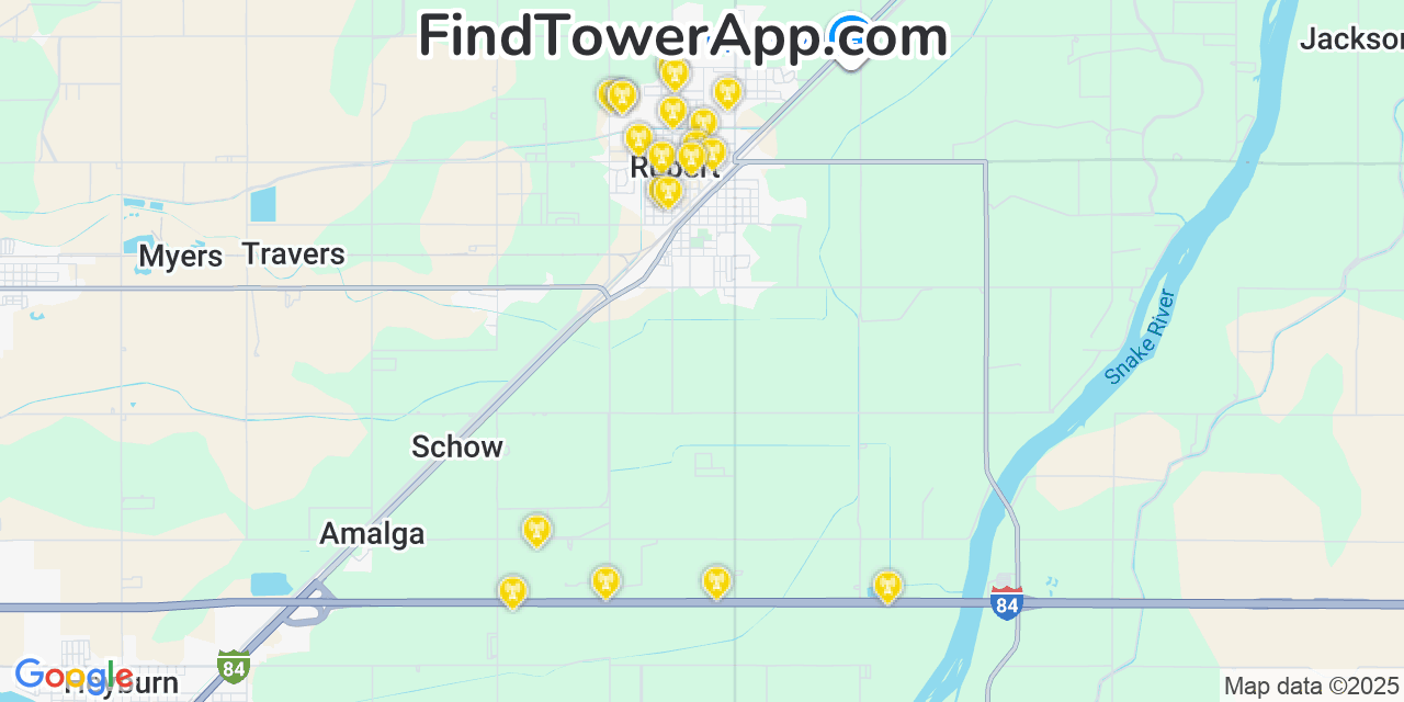 Map showing the 20 primary cell tower locations detected in Rupert, Idaho from AT&T, Verizon, and T-Mobile networks
