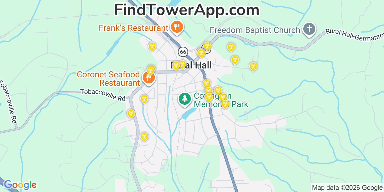 Map showing the 20 primary cell tower locations detected in Rural Hall, North Carolina from AT&T, Verizon, and T-Mobile networks