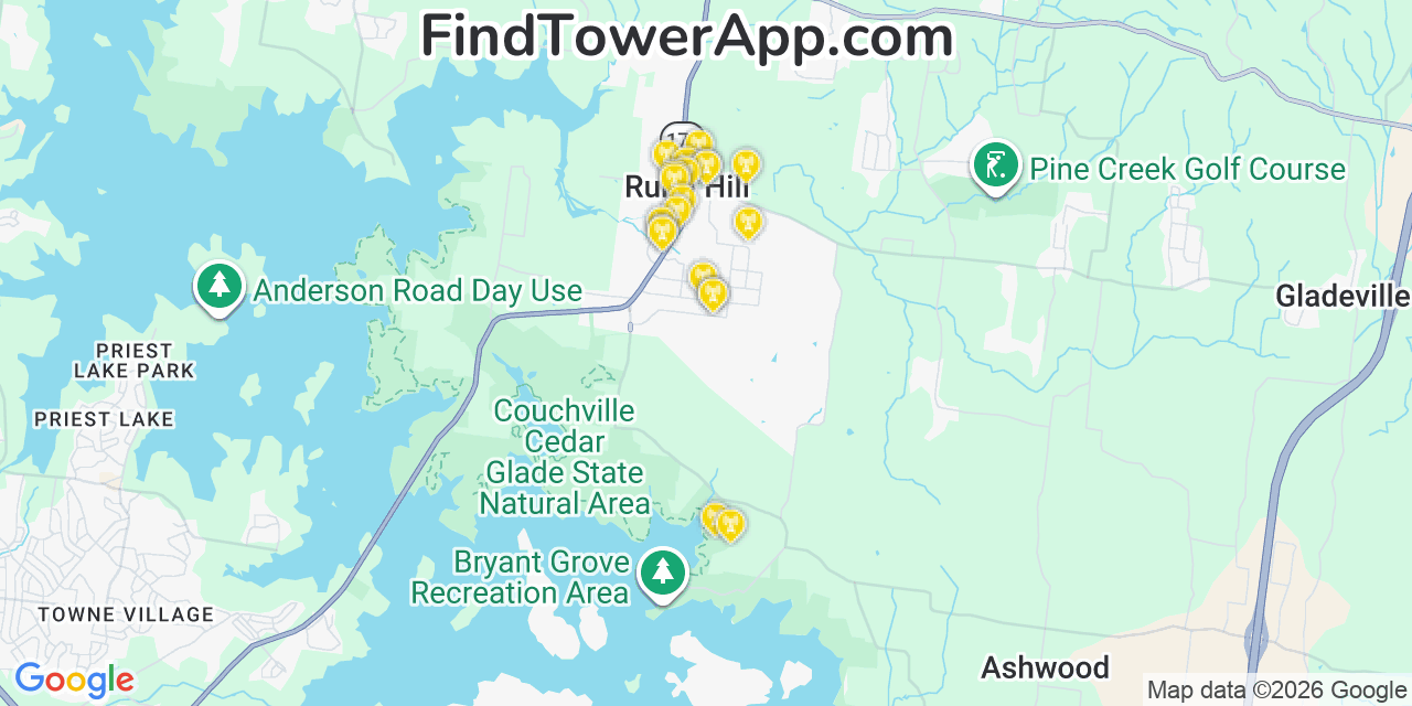 Map showing the 20 primary cell tower locations detected in Rural Hill, Tennessee from AT&T, Verizon, and T-Mobile networks