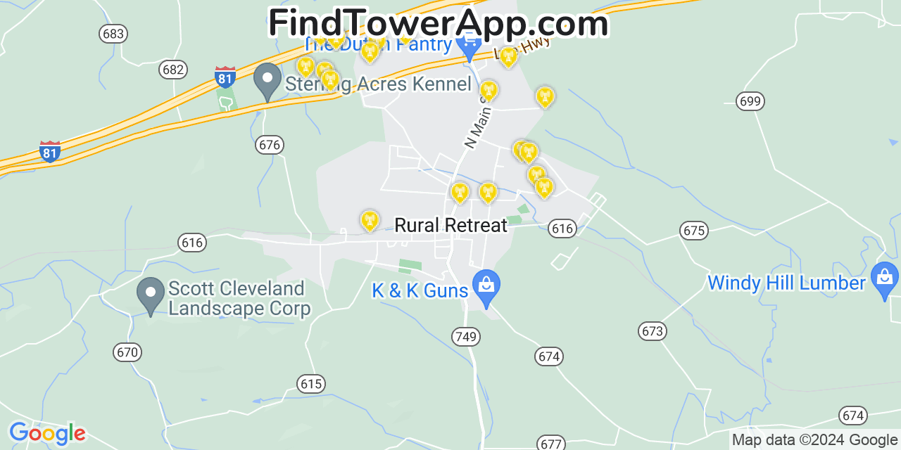 AT&T 4G/5G cell tower coverage map Rural Retreat, Virginia