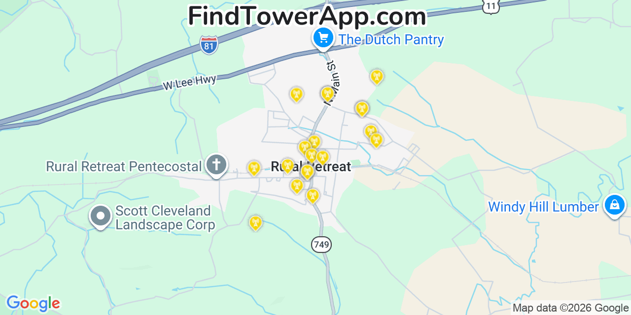 Map showing the 20 primary cell tower locations detected in Rural Retreat, Virginia from AT&T, Verizon, and T-Mobile networks