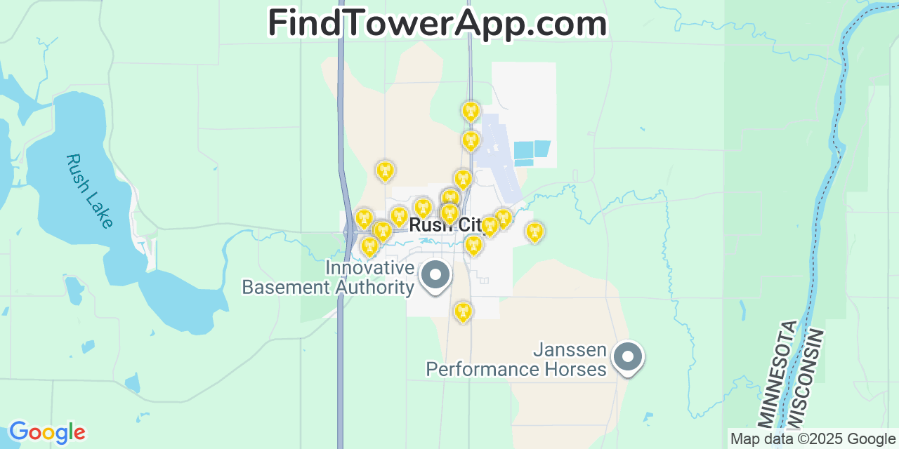Map showing the 20 primary cell tower locations detected in Rush City, Minnesota from AT&T, Verizon, and T-Mobile networks