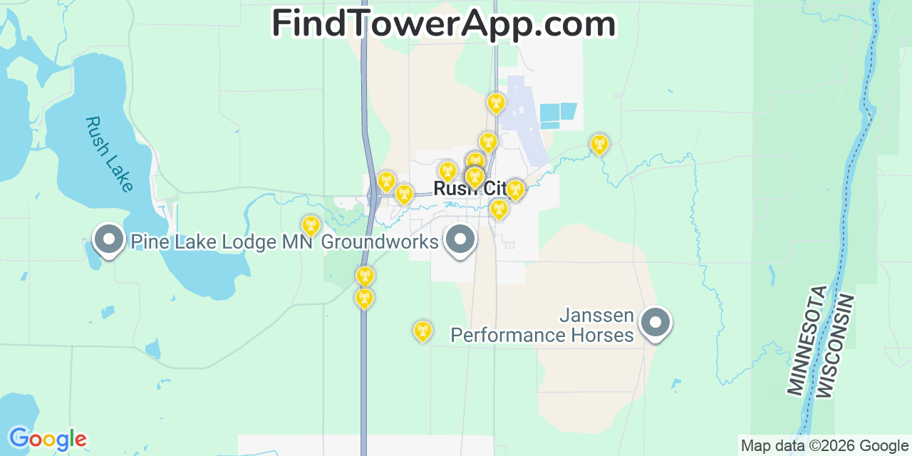 Map showing the 20 primary cell tower locations detected in Rush City, Minnesota from AT&T, Verizon, and T-Mobile networks
