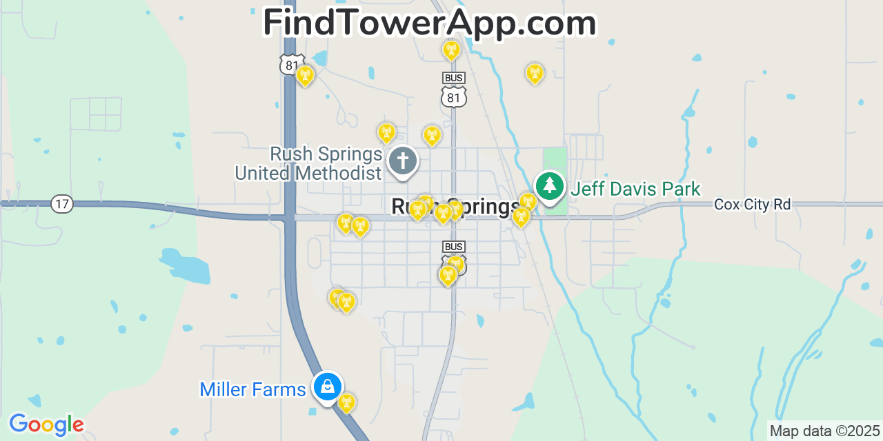 Map showing the 20 primary cell tower locations detected in Rush Springs, Oklahoma from AT&T, Verizon, and T-Mobile networks