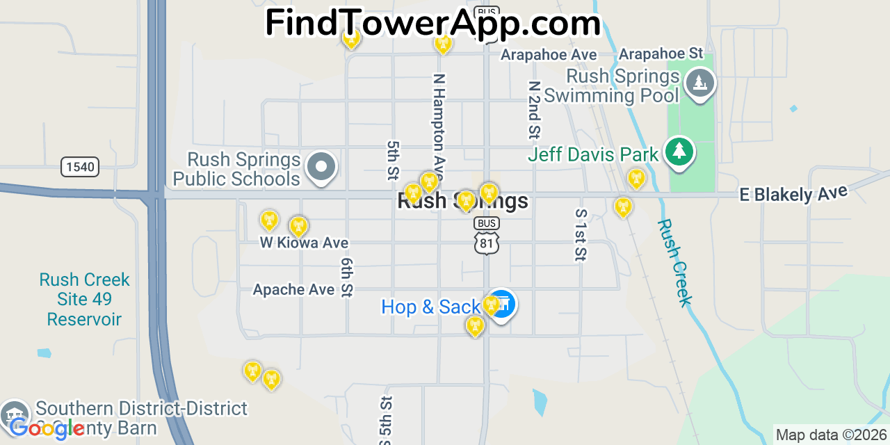 Map showing the 20 primary cell tower locations detected in Rush Springs, Oklahoma from AT&T, Verizon, and T-Mobile networks