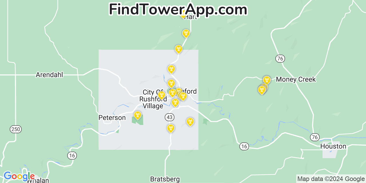 AT&T 4G/5G cell tower coverage map Rushford, Minnesota