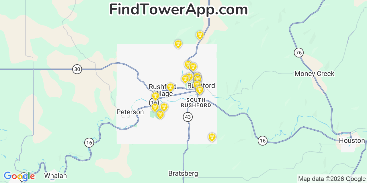 Map showing the 20 primary cell tower locations detected in Rushford, Minnesota from AT&T, Verizon, and T-Mobile networks