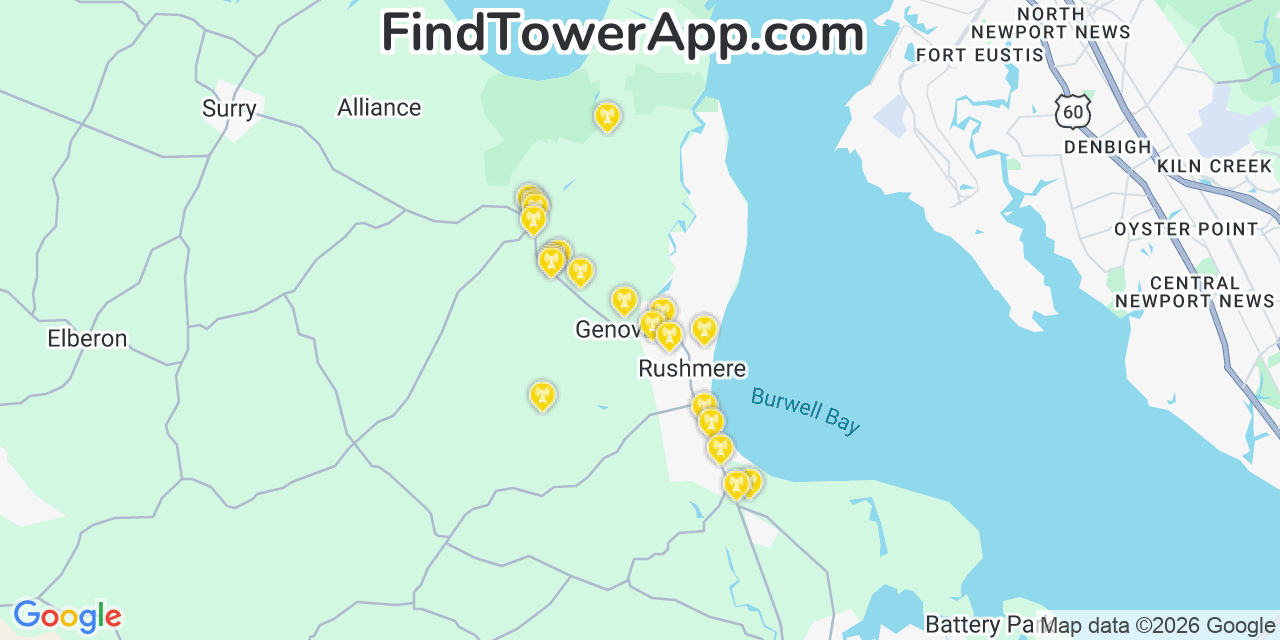 Map showing the 20 primary cell tower locations detected in Rushmere, Virginia from AT&T, Verizon, and T-Mobile networks