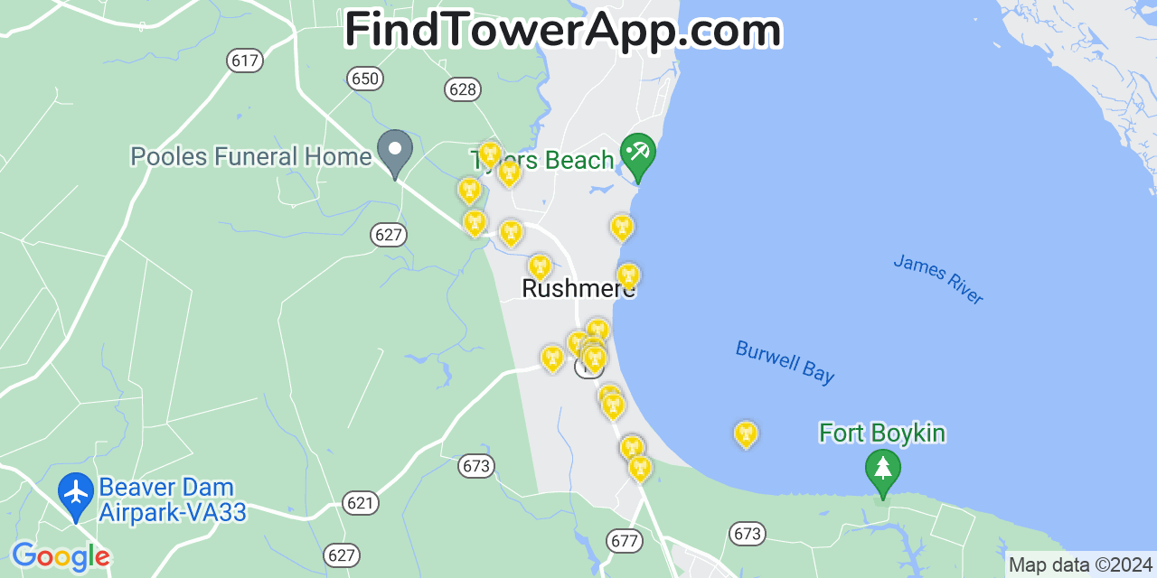 Verizon 4G/5G cell tower coverage map Rushmere, Virginia