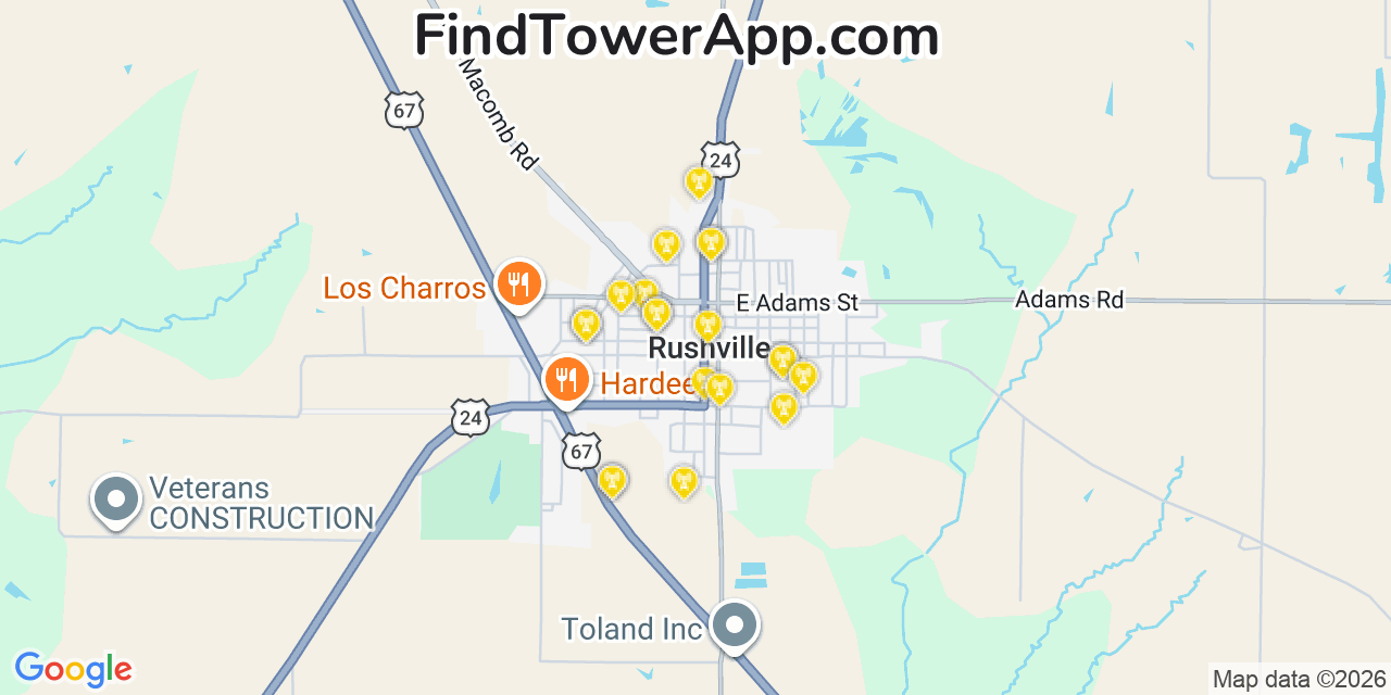 Map showing the 20 primary cell tower locations detected in Rushville, Illinois from AT&T, Verizon, and T-Mobile networks