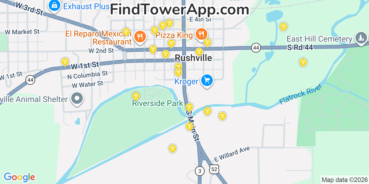 Map showing the 20 primary cell tower locations detected in Rushville, Indiana from AT&T, Verizon, and T-Mobile networks