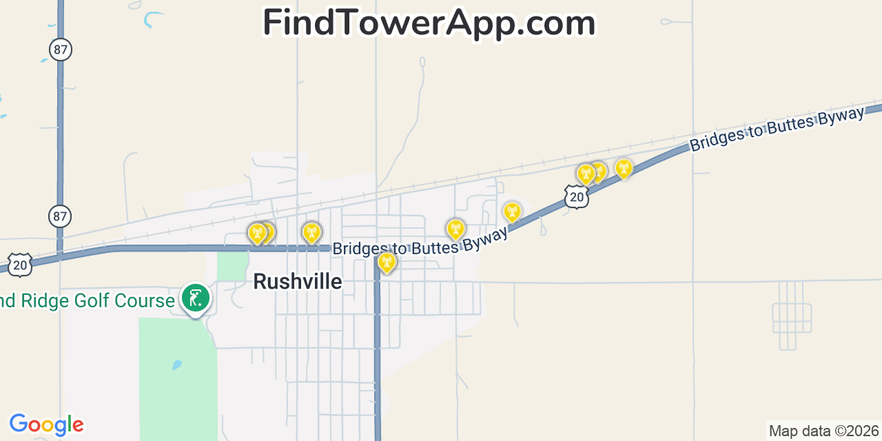 Map showing the 20 primary cell tower locations detected in Rushville, Nebraska from AT&T, Verizon, and T-Mobile networks
