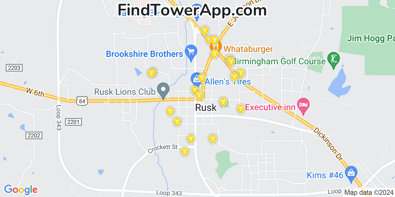 AT&T 4G/5G cell tower coverage map Rusk, Texas